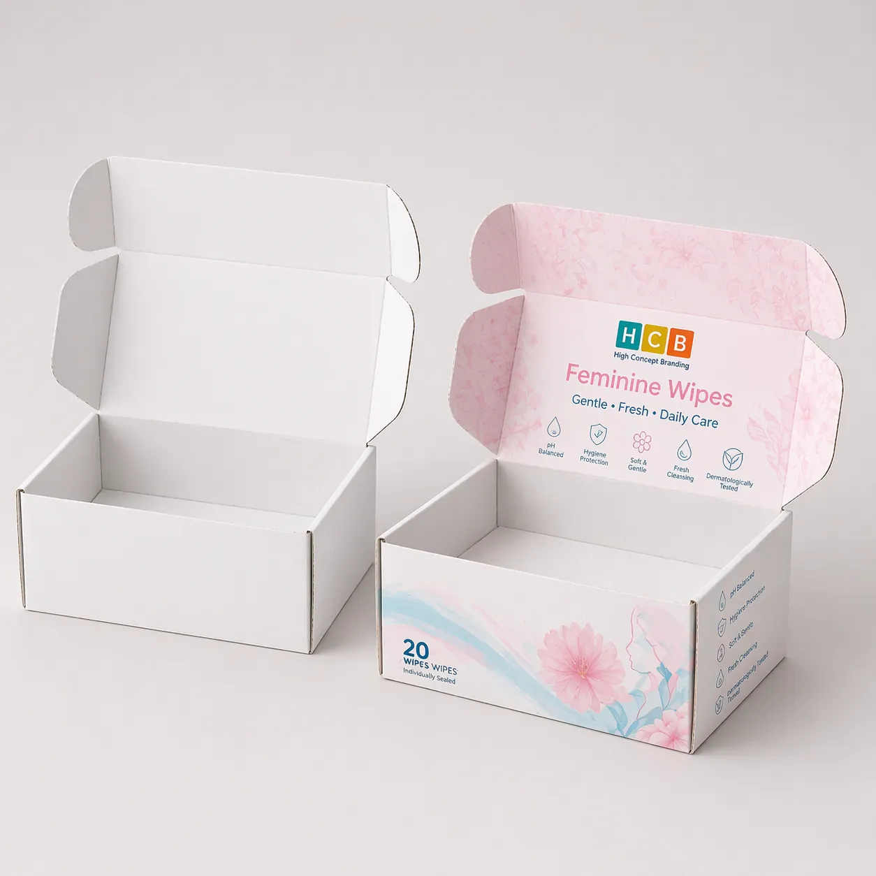 Two top-opening boxes, one blank and one printed with pink floral graphics and brand information. class=